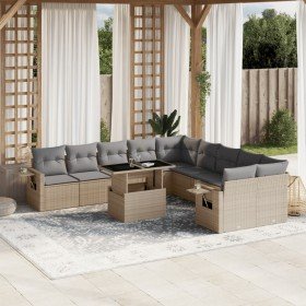 Set de sofás de jardín 11pzas con cojines ratán sintético beige