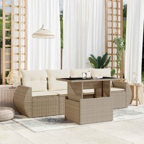 Juego de sofás jardín con cojines 5 pzas ratán sintético beige