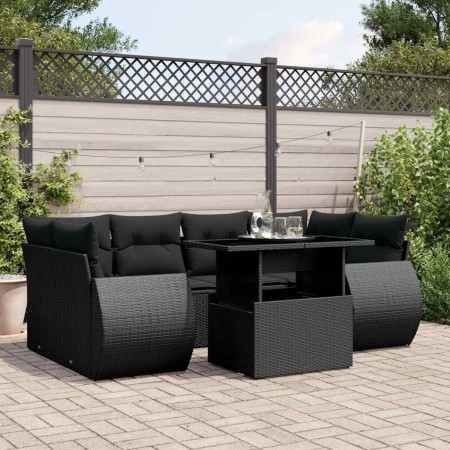 Set de sofás de jardín 7 pzas con cojines ratán sintético negro