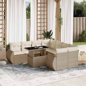 Set de sofás de jardín 9 pzas con cojines ratán sintético beige