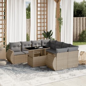 Set de sofás de jardín 9 pzas con cojines ratán sintético beige