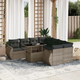 Set de muebles de jardín 9 pzas y cojines ratán sintético gris en Conjuntos de jardín | Comprar online en Foro24