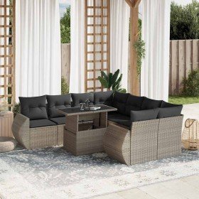Set muebles jardín 9 pzas y cojines ratán sintético gris claro