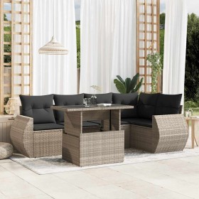 Set de sofás de jardín 6 pzas y cojines ratán sintético gris