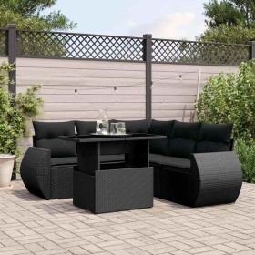 Set de sofás de jardín 6 piezas y cojines ratán sintético negro
