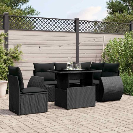 Set de sofás de jardín 6 piezas y cojines ratán sintético negro