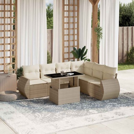 Set sofás de jardín 7 piezas y cojines ratán sintético beige