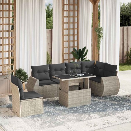 Set de sofás de jardín 7 pzas con cojines ratán PE gris claro