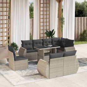 Set muebles jardín 9 pzas y cojines ratán sintético gris claro