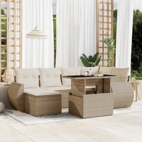 Set sofás de jardín 7 piezas y cojines ratán sintético beige en Conjuntos de jardín | Comprar online en Foro24
