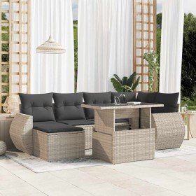 Set de sofás de jardín 7 pzas con cojines ratán PE gris claro