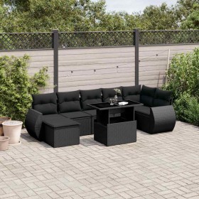 Set de sofás de jardín 8 piezas y cojines ratán sintético negro