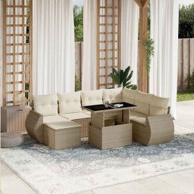 Set de sofás de jardín y cojines 8 piezas ratán sintético beige