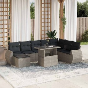 Set muebles jardín 9 pzas y cojines ratán sintético gris claro