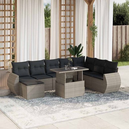 Set muebles jardín 9 pzas y cojines ratán sintético gris claro