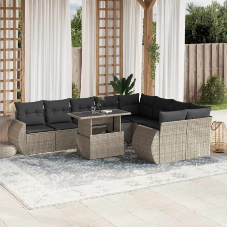 Set sofás jardín 10 pzas con cojines ratán sintético gris claro