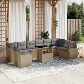 Set de sofás de jardín 11pzas con cojines ratán sintético beige