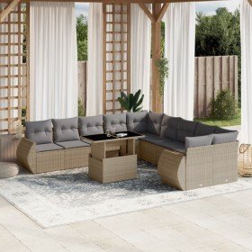 Set de sofás de jardín 11pzas con cojines ratán sintético beige