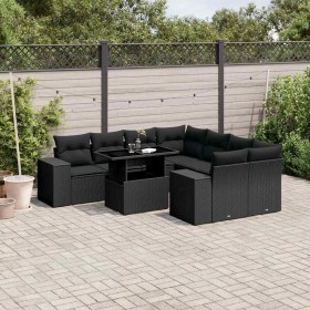 Set de sofás de jardín 8 piezas y cojines ratán sintético negro