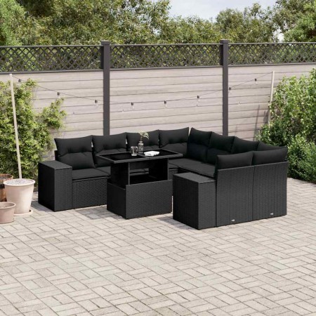 Set de sofás de jardín 8 piezas y cojines ratán sintético negro
