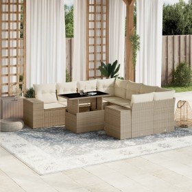 Set de sofás de jardín 9 pzas con cojines ratán sintético beige