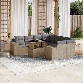 Set de sofás de jardín 9 pzas con cojines ratán sintético beige Set de sofás de jardín 9 pzas con cojines ratán sintético beige