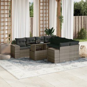 Set de muebles de jardín 9 pzas y cojines ratán sintético gris
