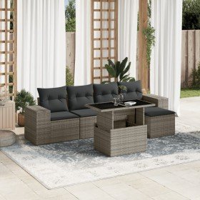 Set de muebles de jardín 6 pzas y cojines ratán sintético gris