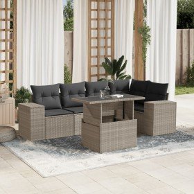 Set de sofás de jardín 6 pzas y cojines ratán sintético gris