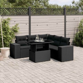 Set de sofás de jardín 6 piezas y cojines ratán sintético negro