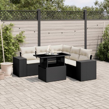 Set de sofás de jardín 6 piezas y cojines ratán sintético negro