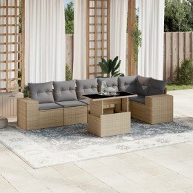 Set sofás de jardín 7 piezas y cojines ratán sintético beige