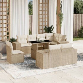 Set de sofás de jardín 9 pzas con cojines ratán sintético beige Set de sofás de jardín 9 pzas con cojines ratán sintético beige