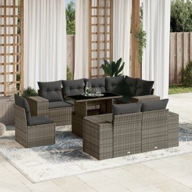 Set de muebles de jardín 9 pzas y cojines ratán sintético gris
