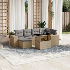 Set sofás de jardín 7 piezas y cojines ratán sintético beige