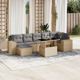 Set de sofás de jardín y cojines 8 piezas ratán sintético beige