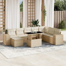 Set de sofás de jardín 9 pzas con cojines ratán sintético beige