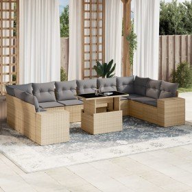 Set de sofás de jardín 11pzas con cojines ratán sintético beige