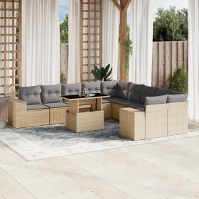 Set de sofás de jardín 11pzas con cojines ratán sintético beige Set de sofás de jardín 11pzas con cojines ratán sintético beige