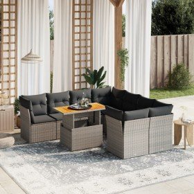 Set de muebles de jardín 9 pzas y cojines ratán sintético gris