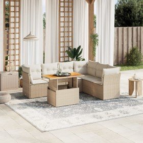 Set sofás de jardín 7 piezas y cojines ratán sintético beige