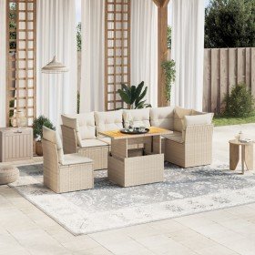 Set sofás de jardín 7 piezas y cojines ratán sintético beige