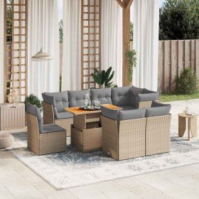Set de sofás de jardín 9 pzas con cojines ratán sintético beige Set de sofás de jardín 9 pzas con cojines ratán sintético beige