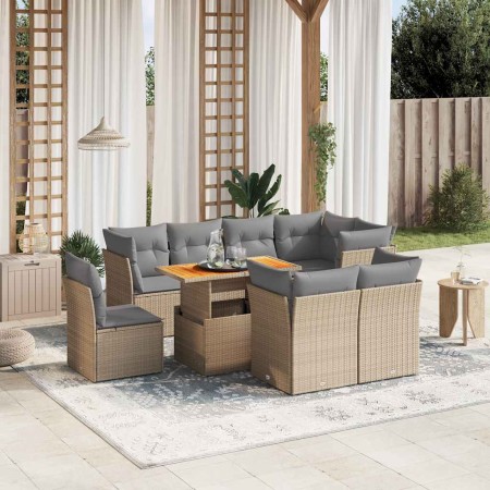 Set de sofás de jardín 9 pzas con cojines ratán sintético beige