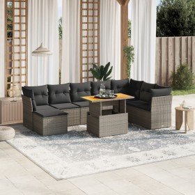 Set de muebles de jardín 9 pzas y cojines ratán sintético gris