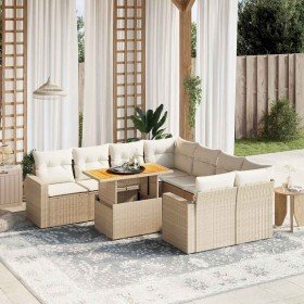 Set de sofás de jardín 9 pzas con cojines ratán sintético beige