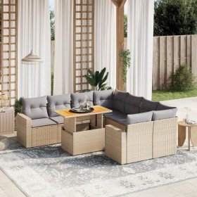 Set de sofás de jardín 9 pzas con cojines ratán sintético beige