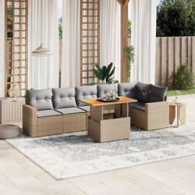 Set sofás de jardín 7 piezas y cojines ratán sintético beige