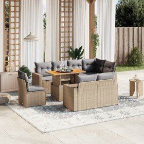 Set de sofás de jardín 9 pzas con cojines ratán sintético beige Set de sofás de jardín 9 pzas con cojines ratán sintético beige