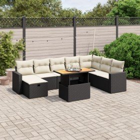 Set de sofás de jardín 8 piezas y cojines ratán sintético negro